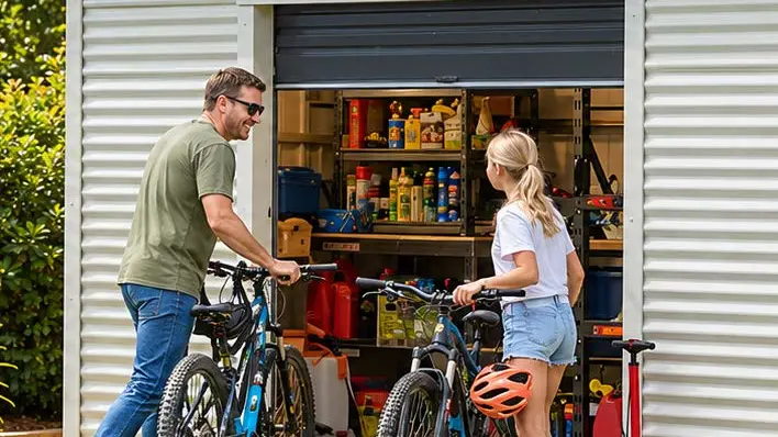 Bike shed with roller door and two people wheeling bikes in