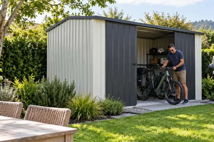 Larger two-tone shed with bikes and gear inside